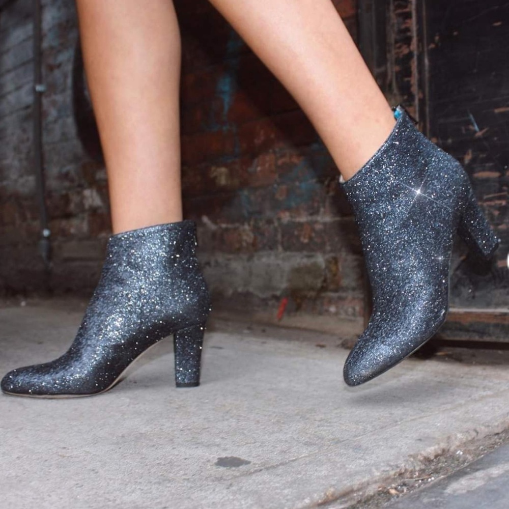 SJP Sarah Jessica Parker / navy glitter Sparkly Leather Booties Minnie Shoes 39